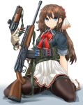  1girl absurdres arm_behind_back assault_rifle black_pantyhose blue_eyes blue_shirt bow brown_hair closed_mouth commentary_request crown dress_shirt gloves gradient_background gun hair_ribbon harness highres holding holding_gun holding_weapon kalashnikov_rifle long_hair looking_at_viewer mikeran_(mikelan) mini_crown mts255 original pantyhose pleated_skirt red_bow revolver ribbon rifle saiga-12 school_uniform scope shadow shirt short_sleeves shotgun shotgun_shell sitting skirt sleeves_rolled_up smile solo thigh_strap thighs trigger_discipline wariza weapon white_background white_gloves white_ribbon white_skirt wing_collar 
