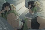  2girls absurdres bed between_thighs black_hair black_shorts blonde_hair blush breasts chinese_commentary closed_eyes clothes_lift commentary covering covering_breasts cuddling ear_blush fafayu fingering grabbing grabbing_another&#039;s_breast green_shirt hair_ribbon highres holding_another&#039;s_wrist hug hug_from_behind indoors inoue_takina long_hair lycoris_recoil lying midriff multiple_girls navel nipples nishikigi_chisato on_bed one_side_up orange_eyes panties parted_lips pillow red_ribbon ribbon shirt shirt_lift short_hair short_sleeves shorts small_breasts twitter_username under_covers underwear white_panties white_shirt yuri 