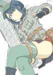  belt belt_pouch black_gloves black_hair breast_pocket buruma feet_out_of_frame fingerless_gloves flight_deck fubupula gloves green_thighhighs hair_over_one_eye hat highres kantai_collection kumano_maru_(kancolle) long_hair looking_at_viewer military military_hat military_uniform pocket pouch red_buruma red_eyes sidelocks simple_background thighhighs uniform white_background 