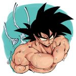  1boy abs bara bardock cropped_torso dot_pupils dragon_ball dragon_ball_z frown large_pectorals looking_up male_focus mature_male muscular muscular_male no_nipples nude pectorals short_hair sideburns solo spiked_hair two-tone_background wet yoram_(yoram551) 