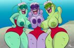  ameizinglewds anthro areola big_breasts breasts clothed clothing eyes_closed female fish flower flower_crown green_areola green_body green_nipples group hi_res huge_breasts marine nickelodeon nipples non-mammal_breasts one-piece_swimsuit open_mouth plant purple_areola purple_body purple_nipples small_waist spongebob_squarepants swimwear thick_thighs topless trio wide_hips 