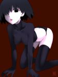  1girl all_fours artist_name ass bare_back black_eyes black_gloves black_hair black_panties black_shirt black_thighhighs bob_cut breasts butt_crack collarbone commentary covered_nipples crop_top empty_eyes feet_out_of_frame gloves hair_over_one_eye hanging_breasts highres impossible_clothes impossible_shirt kikumaru_bunta long_bangs long_sleeves looking_at_viewer lowleg lowleg_panties medium_breasts midriff monogatari_(series) open_mouth oshino_ougi pale_skin panties red_background shirt short_hair signature simple_background skindentation solo thighhighs turtleneck underwear 