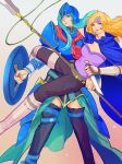  2girls arm_behind_head armor blonde_hair blue_armor blue_cape blue_eyes cape dagger fire_emblem fire_emblem:_radiant_dawn green_hair headband heather_(fire_emblem) highres holding holding_dagger holding_knife holding_polearm holding_weapon knife lamb_(contra_entry) multiple_girls nephenee_(fire_emblem) polearm shield weapon yuri 