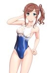  1girl absurdres blue_eyes breasts brown_hair competition_swimsuit covered_navel floral_print hair_ornament hair_scrunchie high_school_fleet highleg highleg_swimsuit highres ise_sakura long_hair looking_at_viewer medium_breasts multicolored_clothes multicolored_swimsuit one-piece_swimsuit scrunchie side_ponytail simple_background solo standing swimsuit takafumi variant_set white_background 