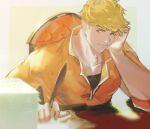  1boy blonde_hair chair closed_eyes closed_mouth feathers granblue_fantasy green_eyes kshbjb3bppui9om large_pectorals male_focus muscular muscular_male orange_shirt paper paper_stack pectorals quill shirt short_hair sitting smile solo upper_body vane_(granblue_fantasy) 