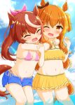  2girls animal_ears arms_around_neck azuma_satsuki bare_arms bare_shoulders bikini bikini_under_clothes blue_shorts blue_sky blush brown_eyes brown_hair brown_ribbon closed_eyes cloud cloudy_sky commentary_request day ear_ribbon feet_out_of_frame groin hair_between_eyes hair_ribbon hand_around_neck hand_on_another&#039;s_shoulder highres horse_ears horse_girl horse_tail mayano_top_gun_(umamusume) multicolored_hair multiple_girls navel one_eye_closed open_clothes open_fly open_mouth open_shorts orange_hair outdoors pink_bikini pink_ribbon ponytail ribbon short_shorts shorts sky standing streaked_hair swimsuit tail teeth tokai_teio_(umamusume) umamusume upper_teeth_only water white_hair yellow_bikini 
