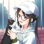  1girl animal bangs baseball_cap black_fur black_hair blue_eyes blush brick_wall brown-framed_eyewear bush casual cat day earrings glasses hair_ornament hat headwear_writing holding holding_animal holding_cat hood hood_down hoodie idolmaster idolmaster_shiny_colors jewelry long_hair long_sleeves looking_at_animal mitsumine_yuika open_mouth outdoors print_hoodie saka_nanato smile solo stud_earrings two-tone_fur upper_body white_fur white_hoodie 