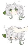  1girl animal_ear_fluff animal_ears blush cat_ears chibi closed_eyes closed_mouth commentary_request cross-shaped_pupils genshin_impact gradient_hair green_eyes green_hair grey_hair hair_between_eyes hair_ornament head_only headpat highres hirarinoie kemonomimi_mode leaf_hair_ornament long_hair multicolored_hair multiple_views nahida_(genshin_impact) pointy_ears side_ponytail simple_background solo_focus symbol-shaped_pupils translation_request white_background 