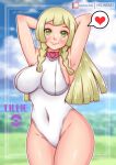  1girl absurdres alternate_breast_size armpits arms_behind_head arms_up blonde_hair blunt_bangs breasts cloud cloudy_sky collar heart highres large_breasts lillie_(pokemon) looking_at_viewer misune_art one-piece_swimsuit pink_collar poke_ball pokemon pokemon_(game) sideboob sky smile swimsuit 