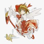  1girl 1other bow brown_hair cardcaptor_sakura dress gloves green_eyes highres holding holding_staff kero kinomoto_sakura red_bow red_dress red_footwear red_headwear shirt short_hair signature staff thighhighs two_pokemon white_background white_gloves white_shirt white_thighhighs white_wings wings 