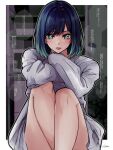  1girl aqua_eyes aqua_hair bambi_surprise bare_legs blue_hair blurry blurry_background blush border commentary feet_out_of_frame gradient_hair hair_between_eyes highres indoors knees_up kurokawa_akane lips long_sleeves looking_at_viewer medium_hair multicolored_hair oshi_no_ko outside_border parted_lips signature sitting solo star-shaped_pupils star_(symbol) sweater symbol-shaped_pupils translation_request white_border white_sweater 