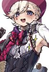  1boy armpits blush bow bowtie coin detached_sleeves facial_mark genshin_impact gloves grey_hair hair_between_eyes hat highres looking_at_viewer lyney_(genshin_impact) male_focus open_mouth otoko_no_ko purple_eyes red_bow red_bowtie simple_background solo sparkle teardrop_facial_mark teeth top_hat upper_body upper_teeth_only white_background yoruhachi 
