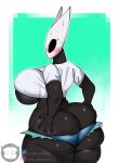  4_fingers anthro arthropod big_breasts big_butt black_body black_eyes blue_bottomwear blue_clothing blue_shorts blush bodily_fluids bottomwear breasts butt butt_cleavage clothing empty_eyes female fingers green_background hand_on_butt hi_res hollow_knight hornet_(hollow_knight) hotpants huge_breasts huge_butt insect looking_back rear_view shirt shorts simple_background solo sweat sweatdrop team_cherry thick_thighs topwear under_boob white_background white_body white_clothing white_shirt white_topwear wide_hips ze_blackball.d 