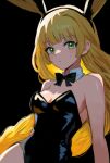  1girl alternate_costume animal_ears bare_shoulders black_background black_bow black_bowtie black_leotard blonde_hair blush bow bowtie breasts bunny_day closed_mouth commentary_request detached_collar fake_animal_ears fire_emblem fire_emblem:_three_houses green_eyes highres ingrid_brandl_galatea leotard long_hair looking_at_viewer medium_breasts rabbit_ears simple_background solo strapless strapless_leotard very_long_hair yuurururun 