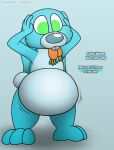  ambiguous_gender anthro belly big_belly blue_body foxball fur hi_res kitty_pride lagomorph leporid mai_(kitty_pride) mammal nude rabbit simple_background solo speech_bubble standing teeth text 