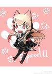  +++ 1girl :d absurdres animal_ears armband bandana bandana_around_neck black_bandana black_footwear black_jacket black_skirt blonde_hair blush boots breasts character_name chibi cleavage dog_ears dog_tail fang full_body girls&#039;_frontline hair_between_eyes headgear highres jacket kemonomimi_mode long_hair long_sleeves looking_at_viewer m4_sopmod_ii_(girls&#039;_frontline) mask multicolored_hair open_mouth paw_print paw_print_background pleated_skirt pouch red_armband red_eyes red_hair skirt skull_mask smile solo streaked_hair tail thigh_boots third-party_source weibo_id weibo_logo white-smile 