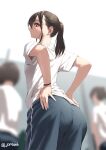  3girls blue_shorts blurry blurry_background brown_eyes brown_hair from_behind hands_on_own_hips jonsun looking_at_viewer looking_back multiple_girls original ponytail shiori_(jonsun) shirt short_hair short_sleeves shorts solo_focus t-shirt twitter_username white_shirt 