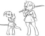  anthro black_and_white clothed clothing duo equid equine female feral goodra_(pooky) hi_res horse kobold mammal melee_weapon monochrome pony pose sword telsie weapon 