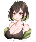  1girl artist_name black_camisole blush borrowed_character breasts brown_eyes brown_hair camisole cleavage collarbone earrings english_commentary green_hair green_jacket hair_behind_ear highres jacket jewelry large_breasts metalkrot miru_(ormille) mole mole_on_breast multicolored_hair off_shoulder original portrait smile solo streaked_hair white_background 