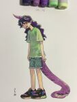  1girl black_footwear full_body green_shirt green_shorts hair_between_eyes highres horns long_hair open_mouth pointy_ears purple_hair purple_horns red_eyes shiratama_(hockey) shirt shoes shorts single_horn smile sneakers solo tail tenkajin_chiyari touhou traditional_media wavy_hair 