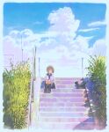  1girl black_cat blue_neckerchief blue_sailor_collar blue_sky brown_eyes cat cloud day feel_(nasitaki) highres kneehighs light_brown_hair neckerchief original outdoors railing sailor_collar scenery school_uniform serafuku short_hair sitting sky socks solo stairs 