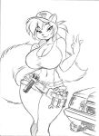  2022 absurd_res anthro big_breasts black_and_white bottomwear breasts car chochi cleavage clothed clothing curvy_figure cutoffs denim denim_clothing female flashlight graphite_(artwork) hair hat hatching_(art) headgear headwear hi_res hotpants hourglass_figure huge_breasts huge_hips looking_at_viewer mammal midriff monochrome pencil_(artwork) ponytail rodent sciurid shaded shirt shorts sketch skimpy solo tank_top tool_belt tools topwear traditional_media_(artwork) tree_squirrel unbuttoned_pants vehicle wide_hips wrench 