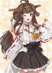  1girl absurdres ahoge brown_hair brown_skirt commentary_request cowboy_shot double_bun hair_bun hairband headgear highres japanese_clothes kanmiya_shinobu kantai_collection kongou_(kancolle) kongou_kai_ni_(kancolle) long_hair looking_at_viewer one_eye_closed popped_collar purple_eyes ribbon-trimmed_sleeves ribbon_trim skirt solo spoon 