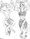  2020 abs anthro biceps chaff_(radarrq) claws clenched_teeth clothing duo eye_contact female fur hair hi_res looking_at_another male mammal marci_hetson marcushunter muscular muscular_anthro muscular_female muscular_male panties radarr shirt signature smile storm_hawks tank_top teeth toe_claws topwear underwear 