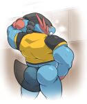  anthro blush butt clothed clothing fin humanoid maldu male mega_evolution mega_swampert muscular muscular_male nintendo partially_clothed pokemon pokemon_(species) pokemorph solo 