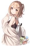  1girl bag bare_shoulders blonde_hair breasts brown_eyes camisole closed_mouth fuecoco hair_ornament hairclip huyunora jacket long_sleeves looking_at_viewer off_shoulder original pokemon quaxly simple_background smile solo sprigatito tongue tongue_out upper_body white_background 