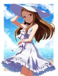  1girl absurdres arm_up bare_shoulders beach blue_ribbon blue_sky blurry blurry_background blush bow breasts brown_eyes brown_hair closed_mouth cowboy_shot dot_nose dress frilled_dress frills from_side gen_(renoir1124) happy_birthday hat hat_ribbon highres holding holding_clothes holding_hat holding_stuffed_toy idolmaster idolmaster_(classic) idolmaster_million_live! idolmaster_million_live!_theater_days long_hair looking_at_viewer minase_iori ocean red_eyes ribbon sky sleeveless sleeveless_dress smile solo stuffed_animal stuffed_rabbit stuffed_toy waist_bow white_bow white_dress white_headwear 