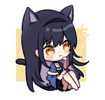 1girl animal_ears barefoot black_dress black_hair black_hairband blue_capelet blush_stickers capelet cat_ears cat_girl cat_tail chibi commentary_request dress hair_between_eyes hairband knees_up kushima_kamome licking_lips long_hair one-hour_drawing_challenge paw_pose short_dress simple_background sitting solo straight_hair summer_pockets tail tongue tongue_out very_long_hair white_background yellow_eyes yutori_z71 