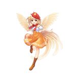  1girl :d animal_on_head bird bird_on_head bird_wings blonde_hair boots brown_footwear chick dress full_body game_cg highres looking_at_viewer multicolored_hair neckerchief niwatari_kutaka on_head open_mouth orange_dress red_hair red_neckerchief rotte_(1109) short_sleeves simple_background smile solo tail_feathers third-party_source touhou touhou_lost_word two-tone_hair white_background wings yellow_eyes yellow_wings 
