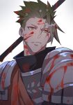  1boy absurdres achilles_(fate) armor blood blood_on_clothes blood_on_face blood_on_weapon closed_mouth fate/apocrypha fate_(series) green_hair haruakira highres looking_to_the_side male_focus orange_eyes orange_sash polearm short_hair shoulder_armor simple_background solo undercut upper_body weapon white_background 