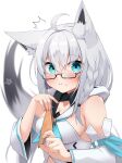 1girl ^^^ absurdres ahoge animal_ear_fluff animal_ears blue_neckerchief blurry blurry_background blush braid breasts commentary_request detached_sleeves earrings eating food food_on_face fox_ears fox_girl fox_tail glasses green_eyes hair_between_eyes highres holding holding_food hololive hood hoodie jewelry long_hair looking_at_viewer medium_breasts micon neckerchief pentagram shirakami_fubuki sidelocks simple_background single_braid solo tail virtual_youtuber white_background white_hair white_hoodie 