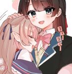  2girls black_hair black_jacket blazer blonde_hair blue_eyes blush bow bowtie closed_eyes hand_on_another&#039;s_head jacket long_hair makaino_ririmu makaino_ririmu_(4th_costume) multiple_girls nijisanji open_mouth pink_bow pink_bowtie pink_hair pointy_ears school_uniform smile tsukino_mito tsukino_mito_(1st_costume) two_side_up ukiko_ruu virtual_youtuber 