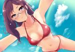  1girl absurdres all_fours armpits bare_shoulders bikini blue_eyes blue_sky blush breasts brown_hair cleavage closed_mouth cloud collarbone dot_nose from_below glasses grey-framed_eyewear hair_over_shoulder highres idolmaster idolmaster_cinderella_girls idolmaster_cinderella_girls_starlight_stage long_hair looking_at_viewer medium_breasts murabito_c navel red_bikini semi-rimless_eyewear sky solo swimsuit under-rim_eyewear water_drop wet yagami_makino 