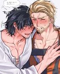  2boys =_= absurdres accidental_undressing bara beard beard_stubble black_hair blonde_hair chi_no_su chinstrap_beard clive_rosfield couple drunk facial_hair final_fantasy final_fantasy_xvi gav_(ff16) heads_together highres large_pectorals leaning_on_person male_focus mature_male motion_lines multiple_boys mustache pectoral_cleavage pectorals resisting scar scar_across_eye short_hair thick_eyebrows thought_bubble upper_body v-shaped_eyebrows veiny_face wavy_hair yaoi 