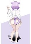  1girl absurdres animal_ears ass barefoot bone_print bottomless cat_ears cat_girl cat_tail commentary from_behind full_body highres hololive legs long_sleeves medium_hair messy_hair nekomata_okayu panties print_panties purple_background purple_hair shadow shirt solo standing tail two-tone_background underwear virtual_youtuber white_background white_shirt zonzu 