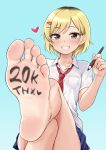  1girl ashigaki_reina_(hinosaki) bare_legs barefoot blonde_hair blue_background blue_skirt blush body_writing breasts brown_eyes commentary_request crossed_legs earrings eyelashes feet foot_focus foot_out_of_frame foot_up foreshortening gradient_background hair_ornament hairclip hand_up highres hinosaki holding jewelry legs medium_hair milestone_celebration miniskirt necktie original paid_reward_available paintbrush parted_bangs pink_nails red_necktie school_uniform shirt short_sleeves skirt small_breasts soles solo stud_earrings swept_bangs teeth thighs toes white_shirt 