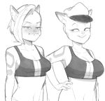  2023 age_difference anthro bent_arm big_breasts biped blush blush_lines bra breast_envy breast_size_difference breasts bureaucat_cooch cleavage clothed clothing cooch_(supermansion) curved_eyebrows curvy_figure dbaru digital_drawing_(artwork) digital_media_(artwork) domestic_cat duo ear_piercing ear_stud extended_arm eyebrows eyelashes eyelids felid feline felis female fingers fur hair half-closed_eyes half-length_portrait hand_on_hip hand_on_own_hip hat headgear headwear heavy_blush humanoid_hands looking_at_another looking_at_partner mammal medium_breasts meme monochrome mouth_closed narrowed_eyes older_female piercing portrait prick_ears shadow short_hair side_cut small_nose smiling_at_partner sports_bra sports_bra_difference_meme spots spotted_arms spotted_body spotted_fur square_crossover supermansion three-quarter_view topwear underwear younger_female 