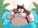  anthro beckoning bedroom_eyes belly big_belly brown_body brown_fur canid canine canis claws eyewear eyewear_on_head food fur gesture hi_res holding_food holding_object holding_popsicle kroxy kroxy_(character) licking licking_lips licking_own_lips looking_at_viewer male mammal moobs narrowed_eyes navel obese obese_anthro obese_male open_mouth open_smile outside overweight overweight_anthro overweight_male partially_submerged plant popsicle rodney-raccoon seductive smile solo sun sunglasses sunglasses_on_head teeth tongue tongue_out water white_body white_fur wolf 