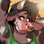  2_horns anthro bodily_fluids bovid facial_piercing fur furgonomics furry-specific_piercing horn male mammal muzzle_piercing nose_piercing nose_ring piercing redrusker ring_piercing snout solo spots spotted_body spotted_fur sweat 