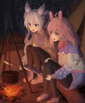  2girls ahoge animal_ear_fluff animal_ears black_pants blue_eyes bow braid campfire camping cherry_hair_ornament cooking fish food-themed_hair_ornament fox_ears fox_girl grey_hair hair_bow hair_ornament halo heart heart_hair_ornament highres holding holding_skewer indie_virtual_youtuber kirsche_verstahl kiukoma multicolored_sweater multiple_girls night open_mouth pants phase_connect pink_eyes pipkin_pippa pom_pom_(clothes) purple_bow rabbit_ears rabbit_girl second-party_source sitting_on_log skewer tent twintails 