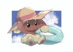  blue_innertube border buneary clothed_pokemon hat holding holding_innertube innertube no_humans pokemon pokemon_(creature) rakkonokawa sitting solo straw_hat white_border 