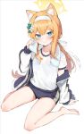  1girl animal_ears blue_archive blue_eyes commentary_request gym_uniform highres jacket long_hair looking_at_viewer mari_(blue_archive) mari_(track)_(blue_archive) masco official_alternate_costume orange_hair simple_background sitting solo track_jacket white_background 