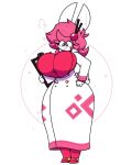  accessory anthro big_breasts black_eyes breasts clipboard clothing danielle_(dewy-eyedboy) dewy-eyedboy female fur hair hair_accessory hand_on_hip hi_res huge_breasts lagomorph leporid mammal pink_hair rabbit solo standing tail white_body white_fur wide_hips 