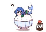  1girl ? blue_eyes blue_hair bowl chibi dress green_dress highres long_sleeves mermaid monster_girl open_mouth rice_bowl shadow shitacemayo solo soy_sauce_bottle touhou wakasagihime white_background 