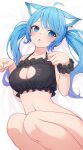  1girl ahoge animal_ear_fluff animal_ears blue_eyes blue_hair bottomless bra breasts cat_cutout cat_lingerie cleavage cleavage_cutout clothing_cutout commentary curvy ear_piercing extra_ears fingernails frilled_bra frills highres knees_up large_breasts lingerie long_hair lying meme_attire nanashi_inc. narrow_waist navel nishino_eri on_back paw_pose piercing scrunchie solo souya_ichika symbol-only_commentary twintails underwear virtual_youtuber wide_hips wrist_scrunchie 