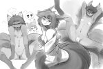  absurd_res anthro breasts camel_toe canid canine eyes_closed female flat_chested fluffy fluffy_tail fox genitals greyscale hair hi_res legs_up looking_at_viewer lying mammal monochrome multi_tail multiple_poses nipples nude on_back pasties pose pussy pussy_tape sitting small_breasts smile solo tail the-minuscule-task 